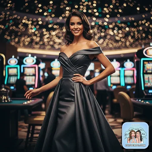 Jogadora em vestido elegante em cassino com slots da fofocapg.